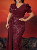 Plus Size Elegant Short Sleeve Sequins Formal Evening Dresses Women Luxury Mermaid Wedding Party Bridesmaid Gowns