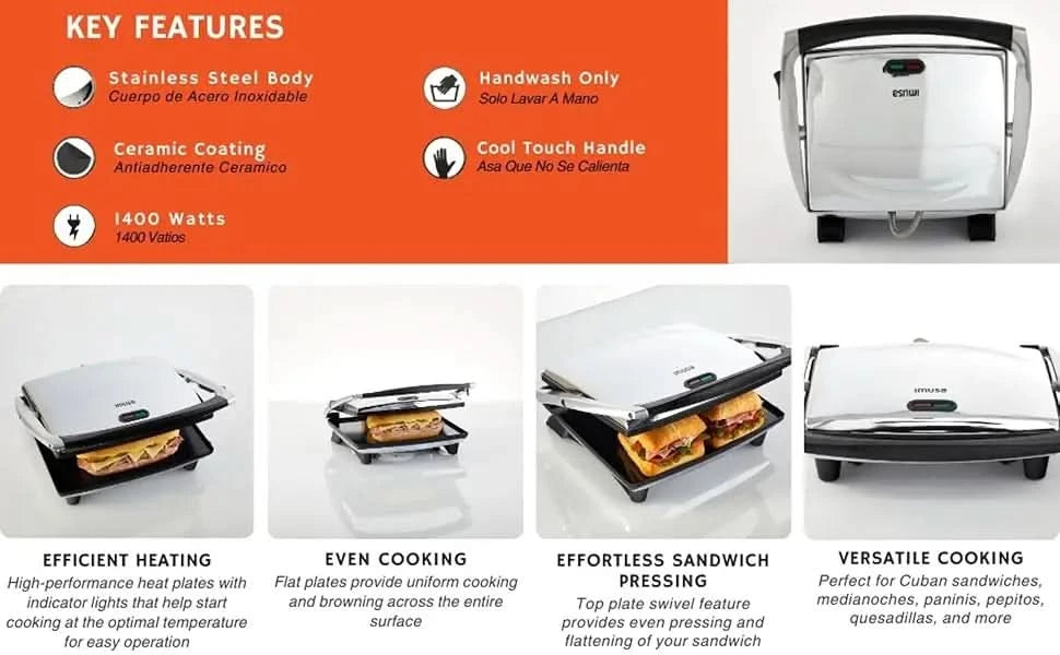 12"x 10" Inches Stainless Steel Panini Press Sandwich Maker With Ceramic Nonstick Plates - M & M Global