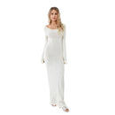 Women's Autumn Winter Knitted Bodycon Dress Long Sleeve Tie Backless Round Neck Solid Color Ruffle Trim Long Dress Beachwear - M & M Global