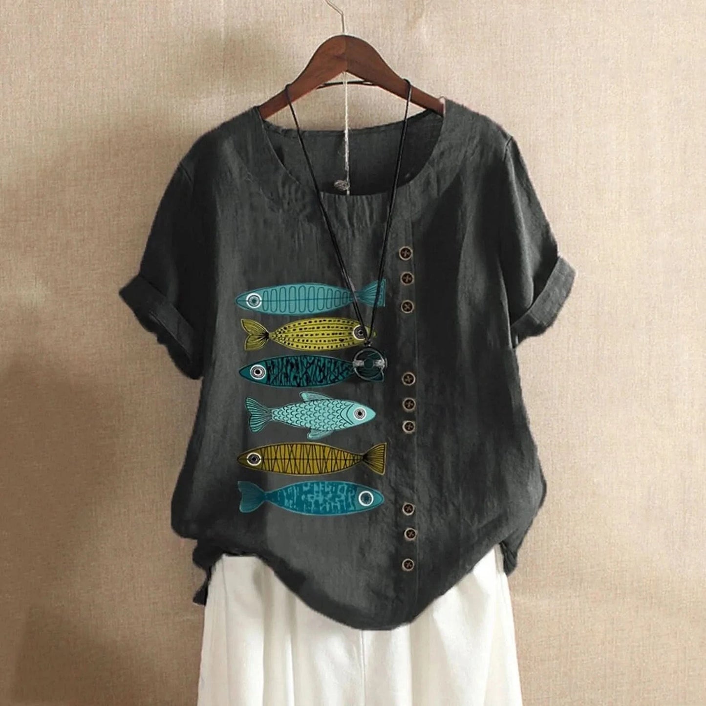 Women Casual Top Boho Short Button Sleeve Loose Blouse Print Fish Shirt Women'S Blouse Casual Cotton And Linen Top Top Mujer - M & M Global
