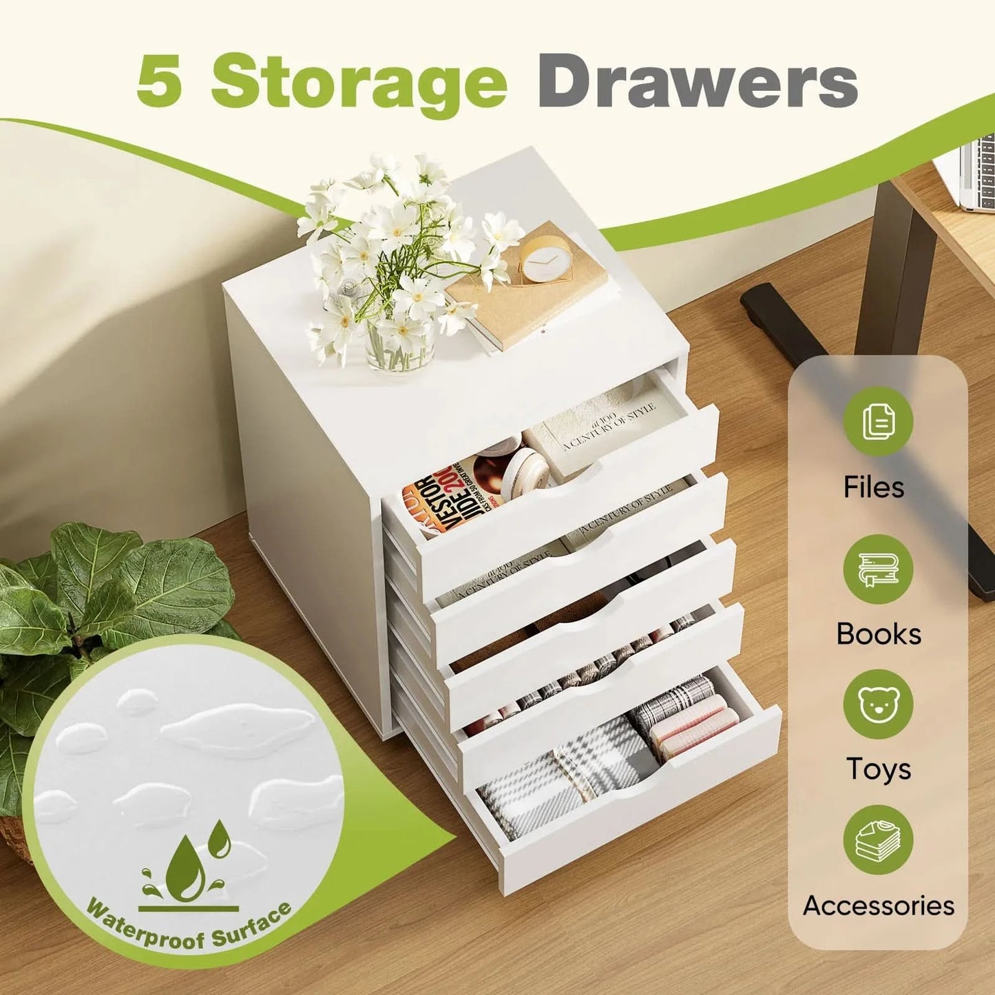 JHK Wood Nightstand Cabinet 5 Drawers Waterproof Surface Storage Organizer File Office Easy To Move Bedside Table Rotating Wheel