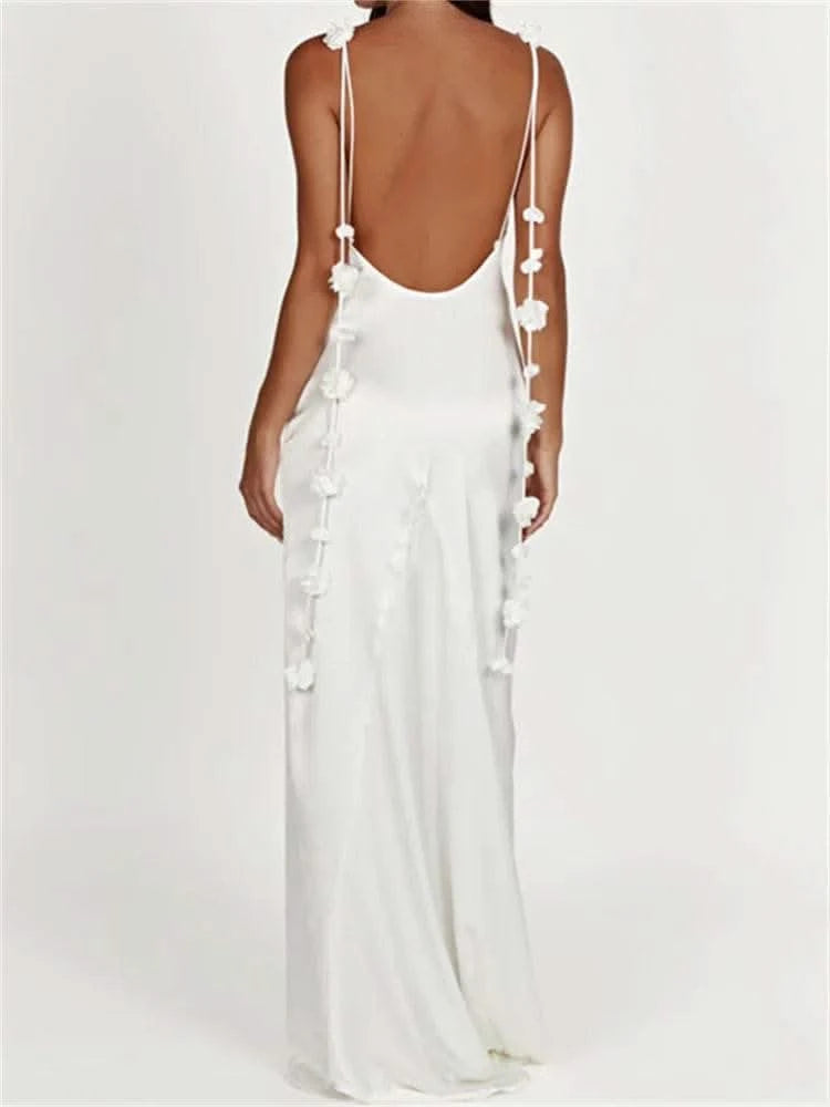 CHRONSTYLE Satin Backless Spaghetti Strap Long Dress for Women Sexy Backless 3D Flower Tassels Dress Party Cocktail Y2K Vestidos - M & M Global