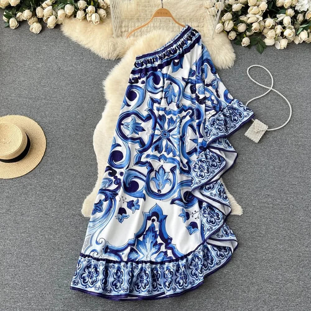 Summer Long Dress Women Runway Blue And White Porcelain Asymmetry Sexy Off The Shoulder Ruffles Hem Loose Robe Maxi Vestidos - M & M Global