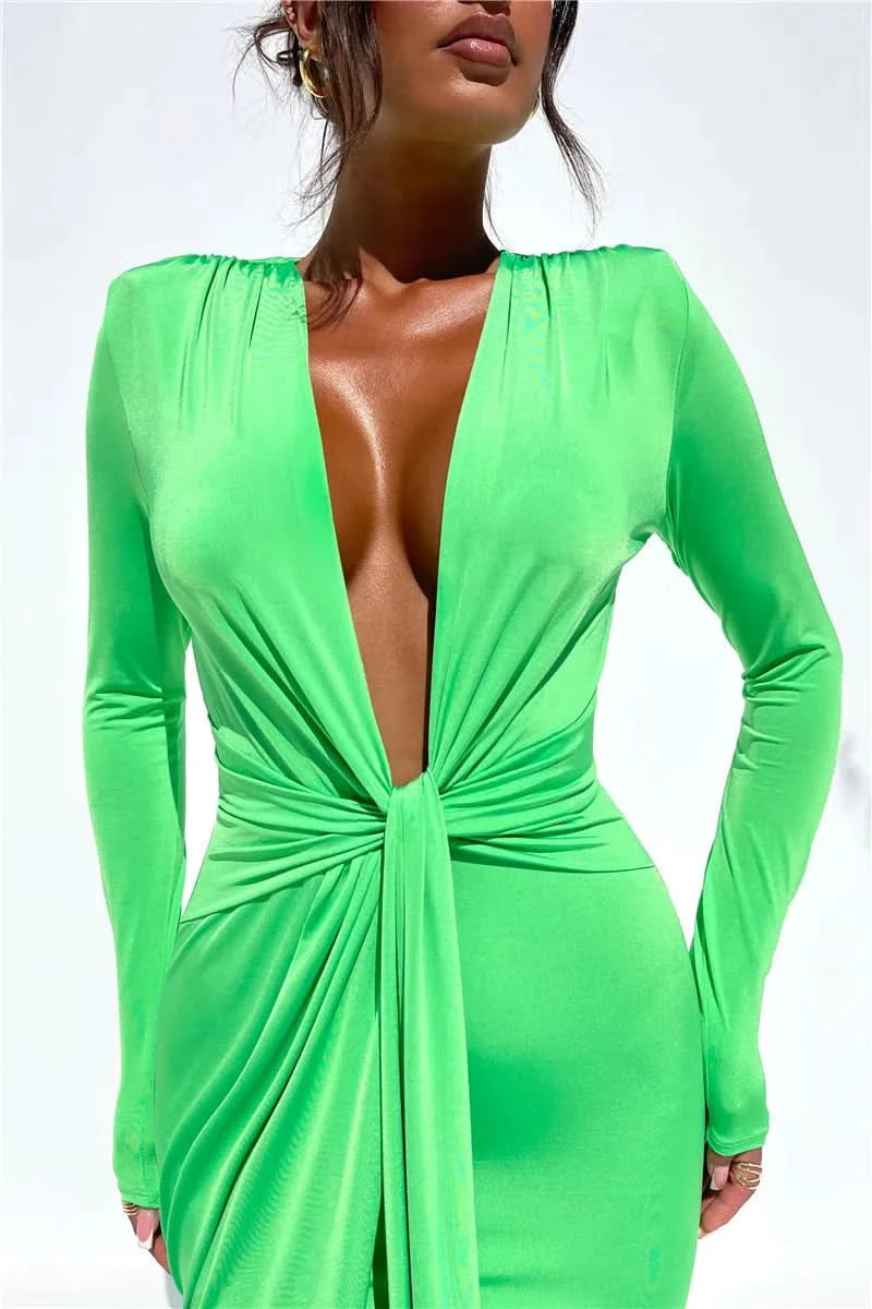 Mozision Deep V Neck Long Sleeve Split Maxi Dress Women Elegant Clubwear 2023 Autumn New Bodycon Ruched Sexy Long Dress - M & M Global