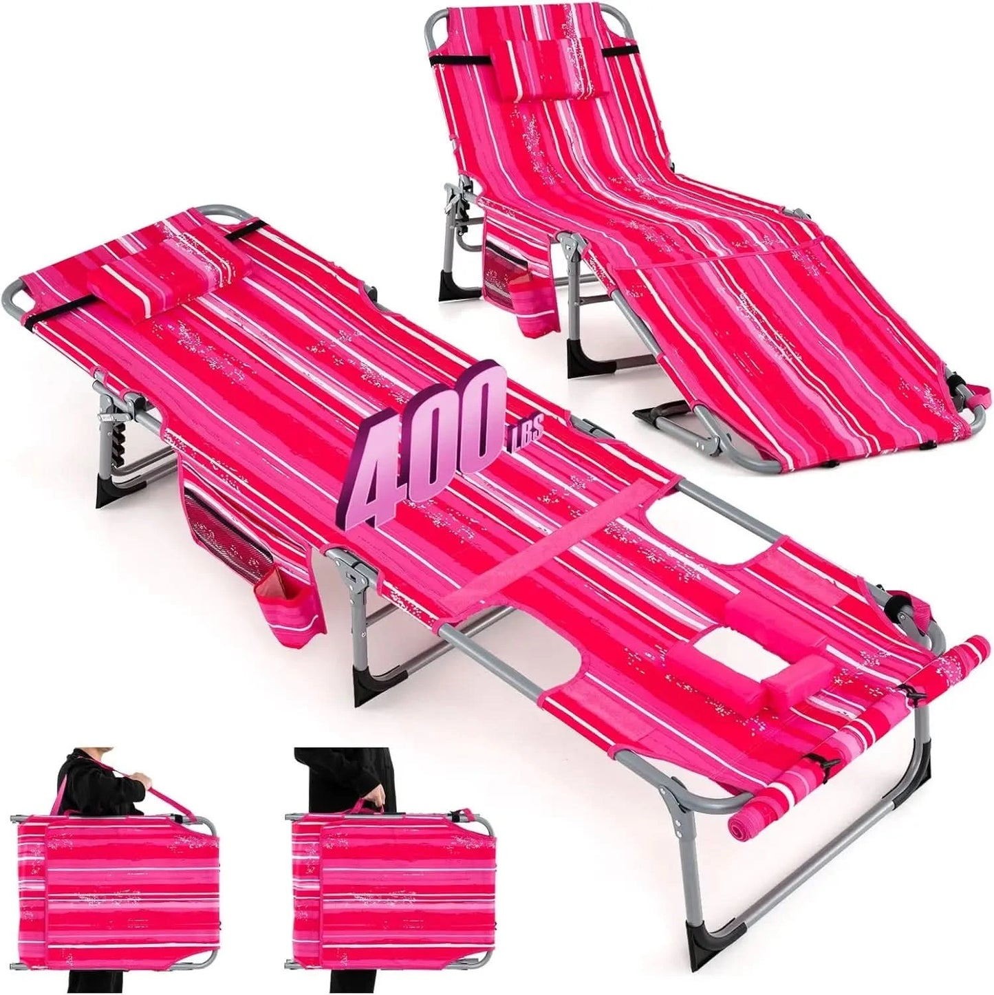 Tanning Chair, 400LBS Beach Lounge w/Face Arm Hole & Hand Shoulder Strap, Folding Layout Sunbathing Chair, Face Down Outdoor