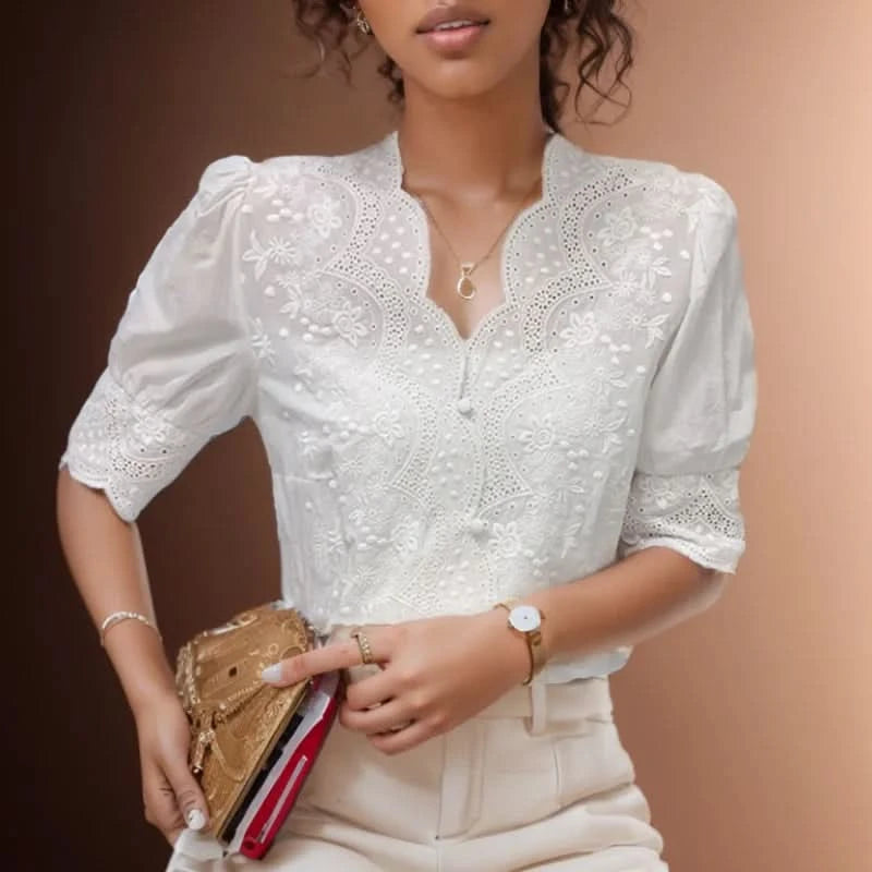 Summer Embroidery Puff Sleeve Linen Cotton Women Blouse Spring Casual White Hollow Out Tops Short Sleeve Shirt - M & M Global