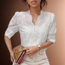 Summer Embroidery Puff Sleeve Linen Cotton Women Blouse Spring Casual White Hollow Out Tops Short Sleeve Shirt - M & M Global