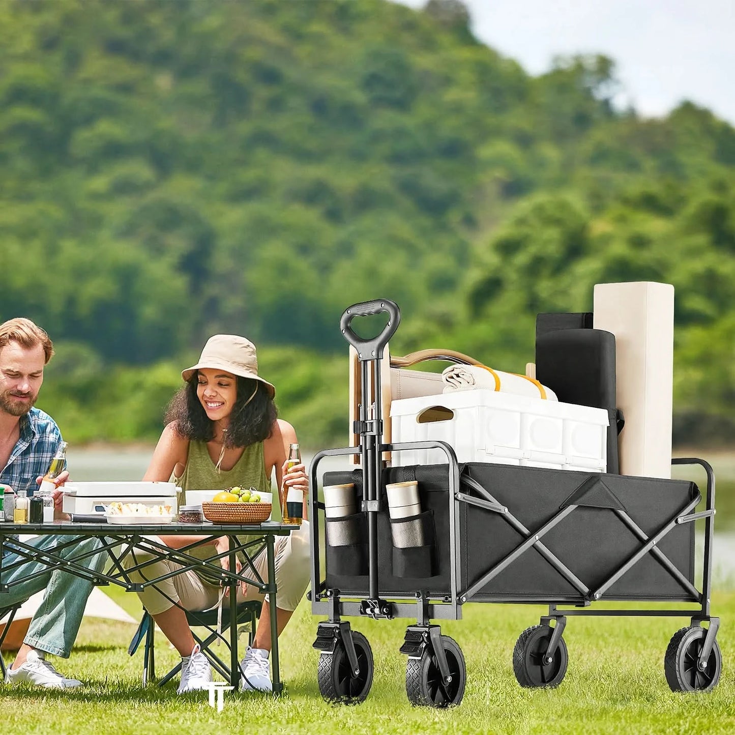 JHK Outdoor Collapsible Foldable Garden Beach Cart Large Capacity Wagon Cart Utility Grocery Wagon for Shopping Sports Camping