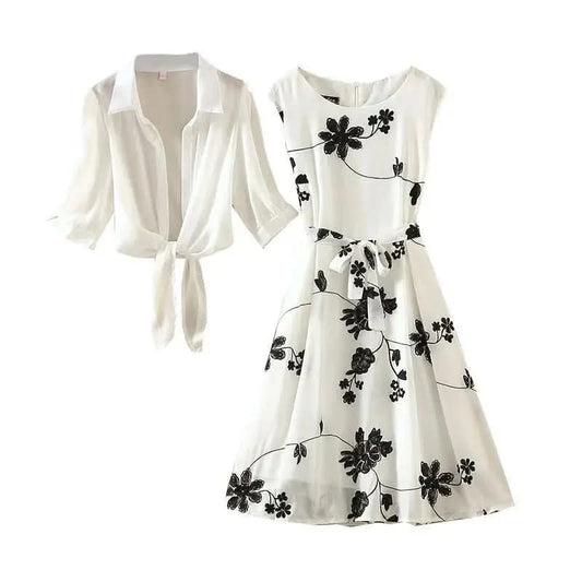 New Elegant Suit Two-piece Dress High Waist Sleeveless Slim A-line Skirt Floral Embroidery White Top Bow Belt Vintage  WOMEN - M & M Global
