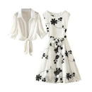 New Elegant Suit Two-piece Dress High Waist Sleeveless Slim A-line Skirt Floral Embroidery White Top Bow Belt Vintage  WOMEN - M & M Global