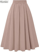 ZANZEA Women Solid Long Skirts Vintage High Waisted Pleating Jupe 2024 Summer Spring A-line Skirts Fashion Buttons Maxi Faldas
