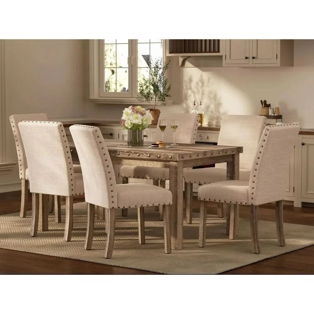 Rustic Dining Table, Farmhouse Kitchen Dining Chairs , Charming 60" Rectangular Wooden Table& Upholstered