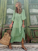 Summer Puff Sleeve Long Dress Women Geometric Print Half Sleeve Dress Boho V-Neck Loose Holiday Beach Dress Vestidos - M & M Global