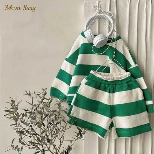 Baby Girl Boy Cotton Striped Clothes Set Hoodie and Shorts 2pcs Infant Toddler Child Tracksuit Spring Autumn Summer 1-7Y - M & M Global