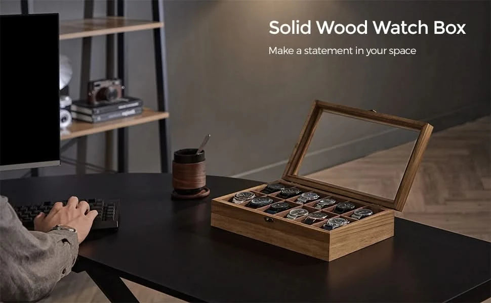 SONGMICS Watch Box, 12-Slot Watch Case, Solid Wood Watch Box Organizer with Glass Lid, Watch Display Case with Removable Pillows - M & M Global