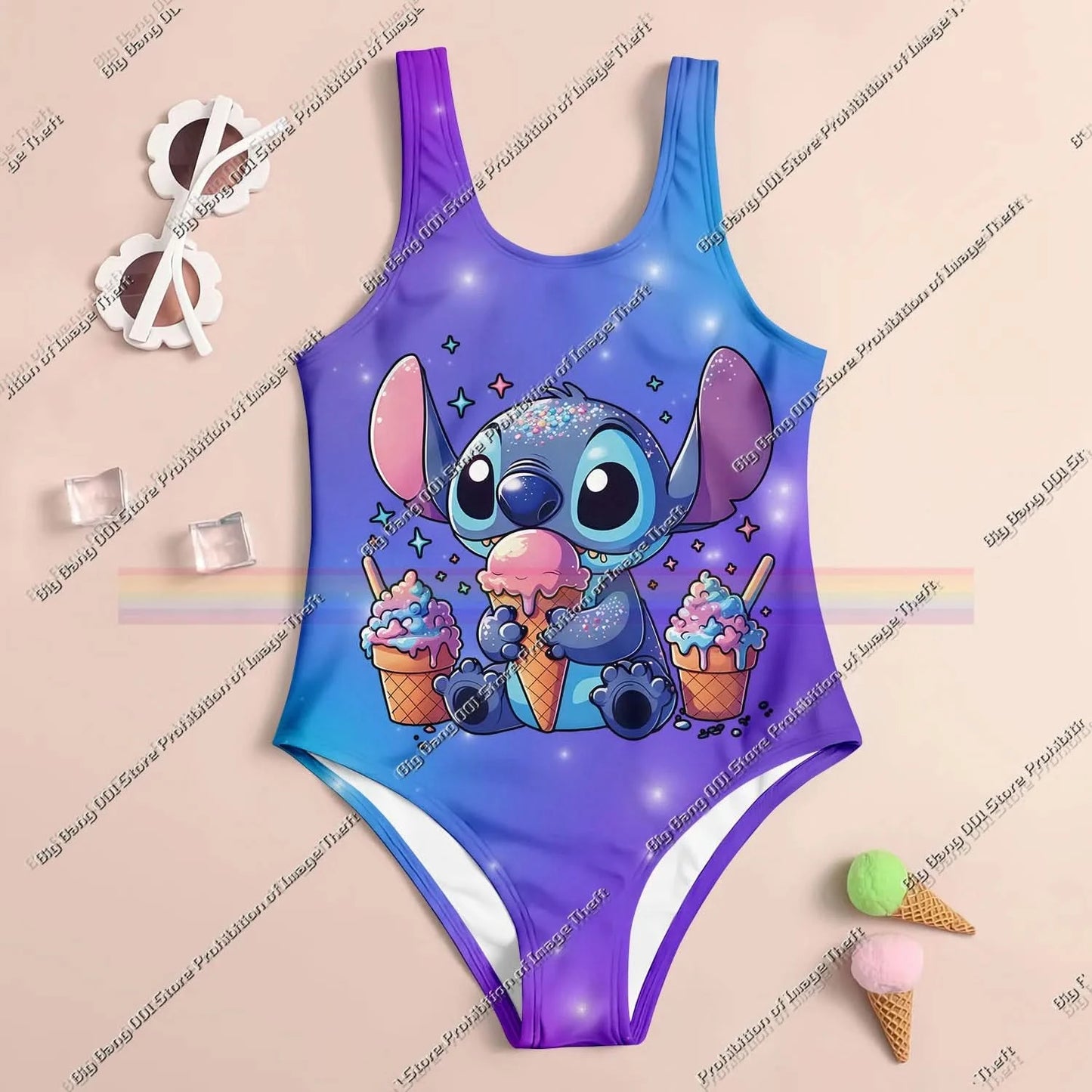 Stitch Cartoon Miniso 2025 Summer 3D Printing Kids Clothing Swimsuit Girls Boys Two Piece Bikini Set Beach Party Essential - M & M Global