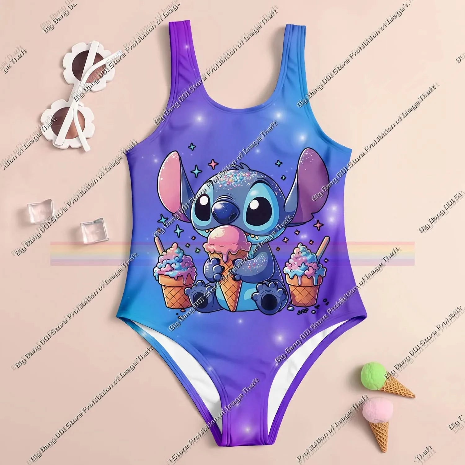 Stitch Cartoon Miniso 2025 Summer 3D Printing Kids Clothing Swimsuit Girls Boys Two Piece Bikini Set Beach Party Essential - M & M Global