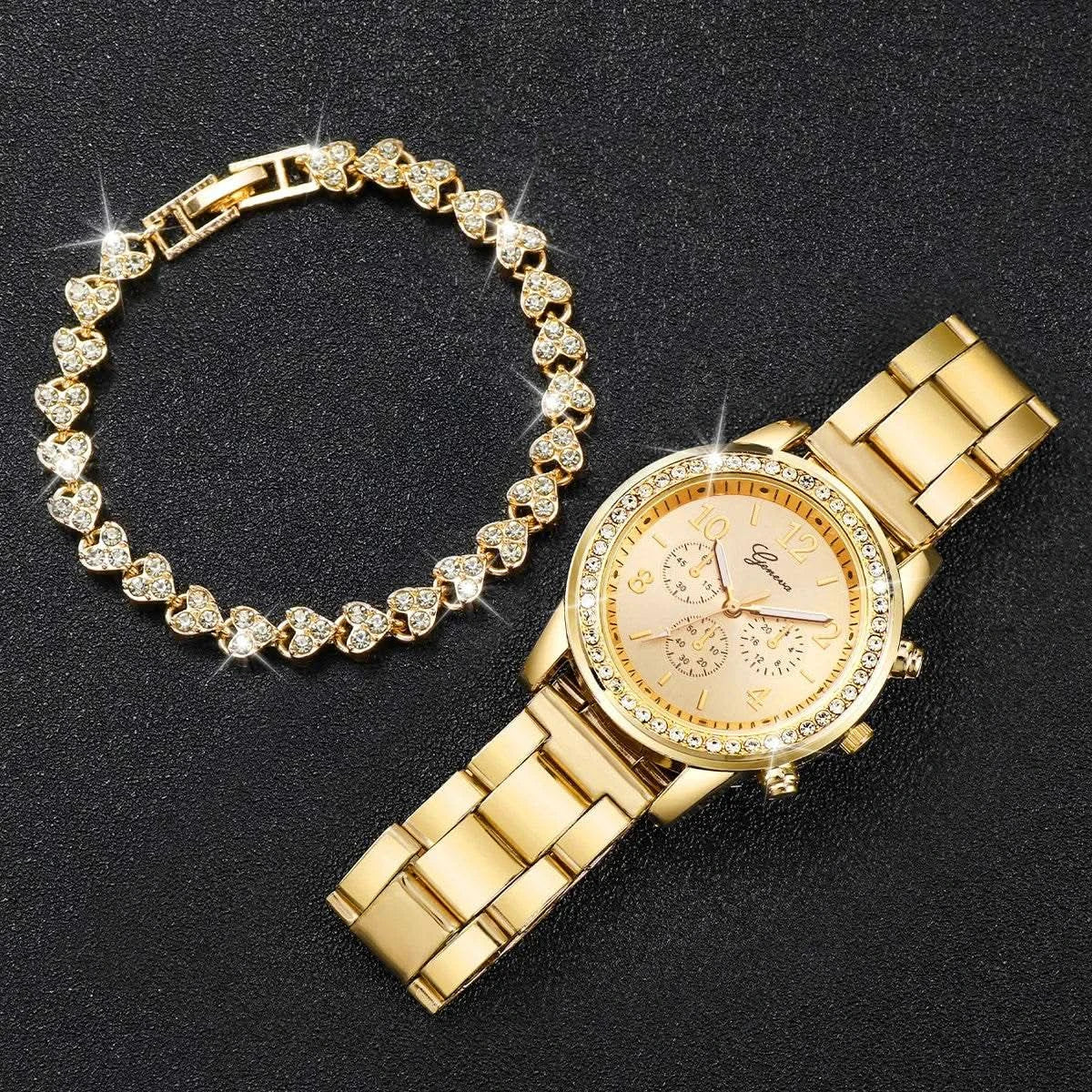 2PCS Women's Watch Fashion Rhinestone Ladies Analog Quartz Watches Bracelet Set Reloj Mujer Girls Clock Gift - M & M Global
