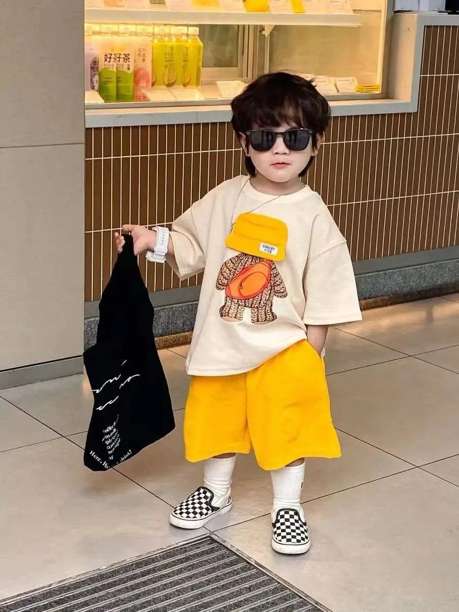 Boys and Girls Summer Set New Children's Cartoon Short Sleeve Cotton T-shirt Shorts 2-Piece Set for Boys' Loose Casual Set - M & M Global