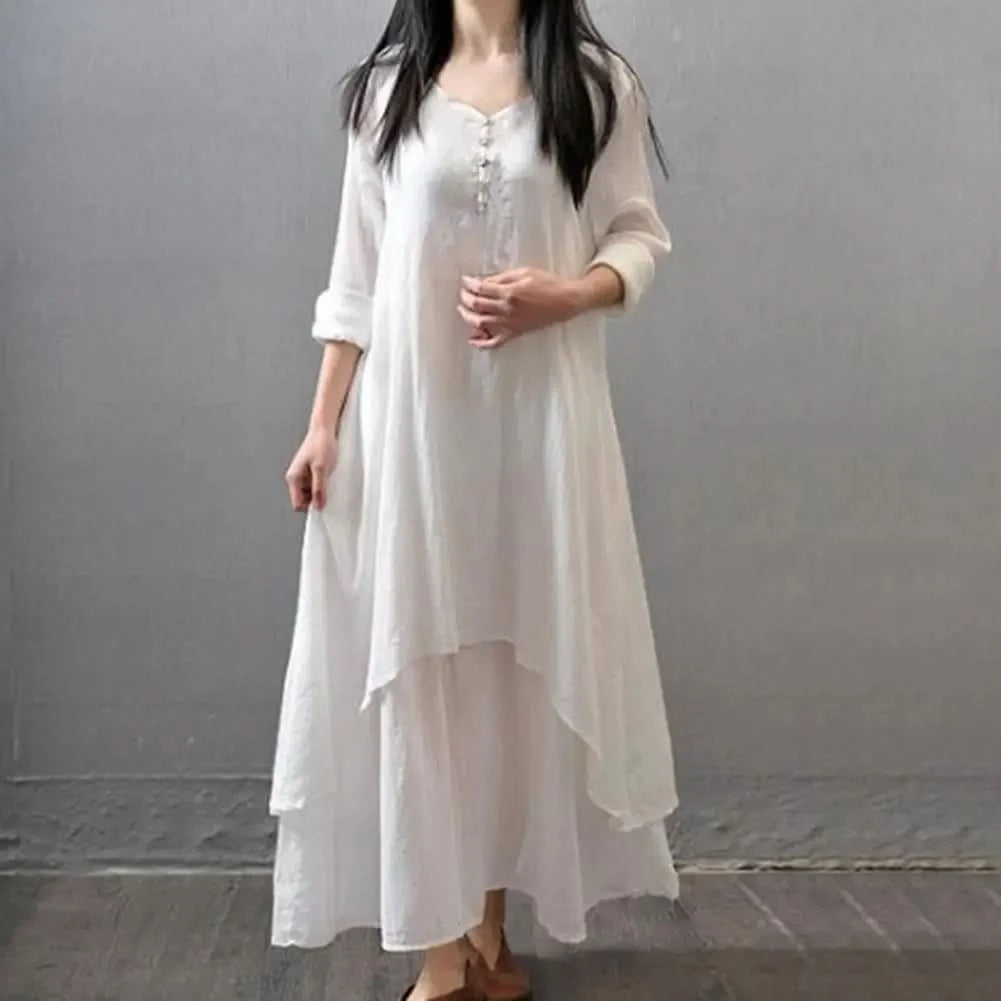 Women Elegant Linen White Dresses Bohemia Layering Vintage Robe Long Sleeve Loose Long Dress Female Autumn Vestidos - M & M Global