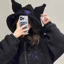 Thickened Loose Hooded Sweatshirt in Black with Embroidery Lambskin Imitation for Autumn And Winter Trendy Streetwear for Girls