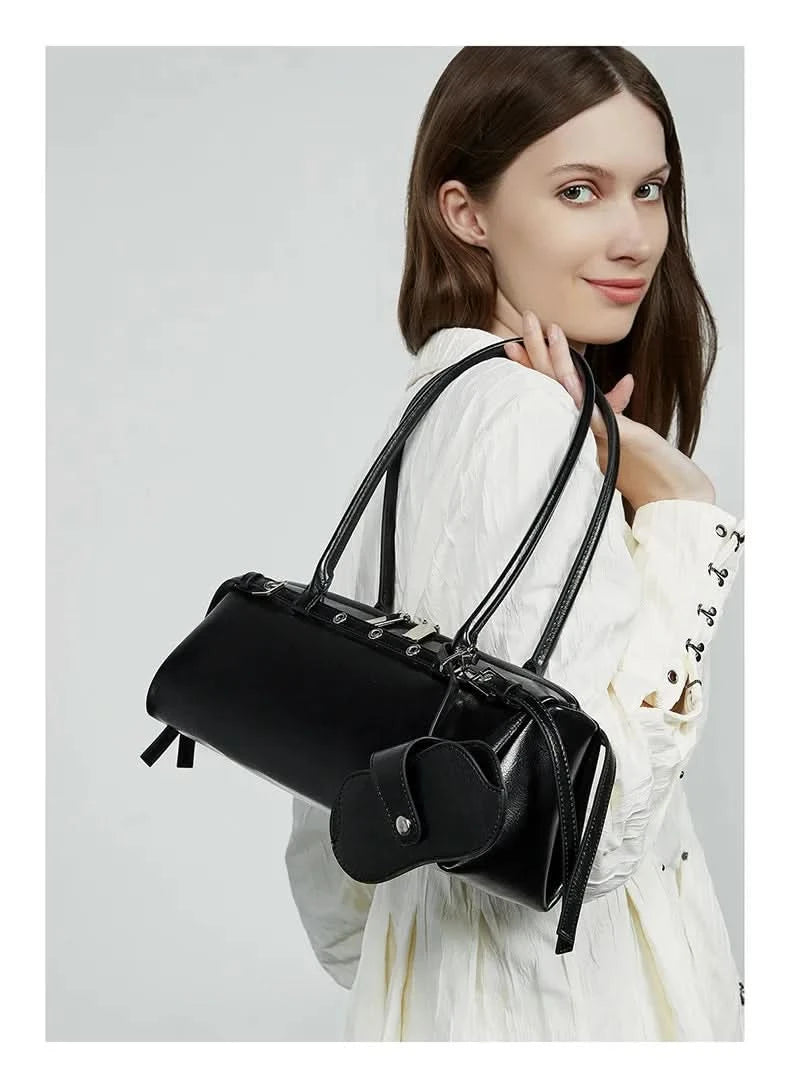 Genuine Leather Women's Baguette Bag Niche Retro Motorcycle Trend Cool belt Handbag New Luxury Design Shoulder Underarm Bag - M & M Global