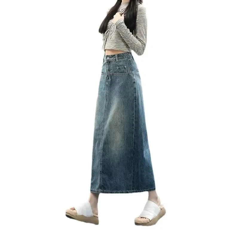 Elegant Women's Vintage Denim Skirt High-waisted A- line Long Dress Versatile Side Slit Spring Season Fashion - M & M Global