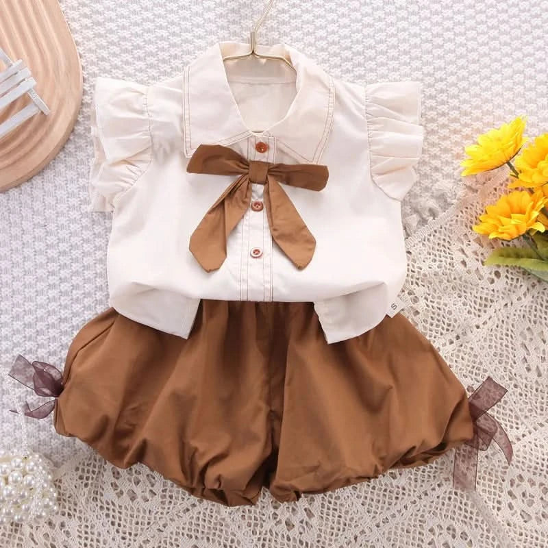 Girls Summer Casual Set Summer Vacation Bow Top + Shorts 2 Piece Set Children Clothes Girl - M & M Global