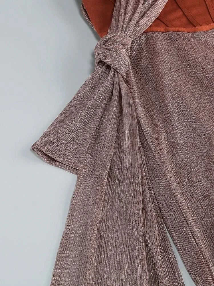 Sexy One Shoulder Draped Glitter Long Dress Women Brown Corset Sparkly Backless Bodycon Maxi Dresses Evening Party Gowns - M & M Global