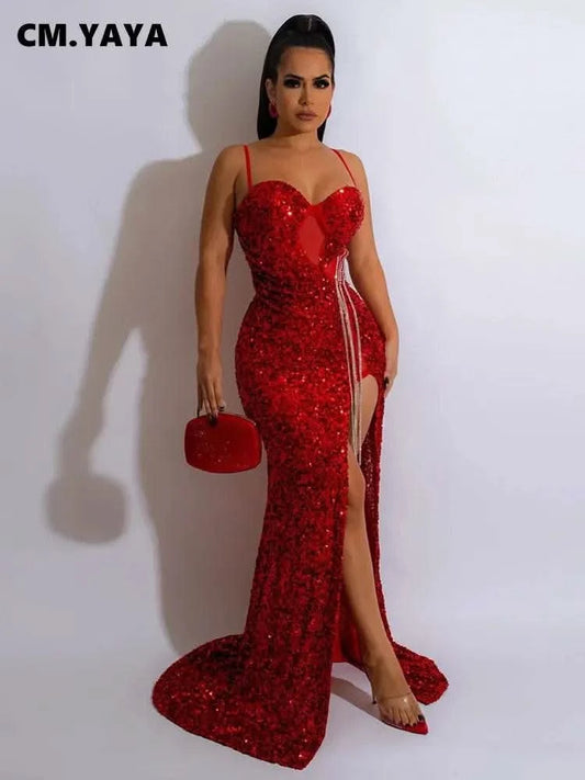 CM.YAYA Women Sequined Tassel Front Spaghetti Strap Sleeveless High Side Slit Maxi Long Dress 2023 Evening Sexy Party Dresses - M & M Global