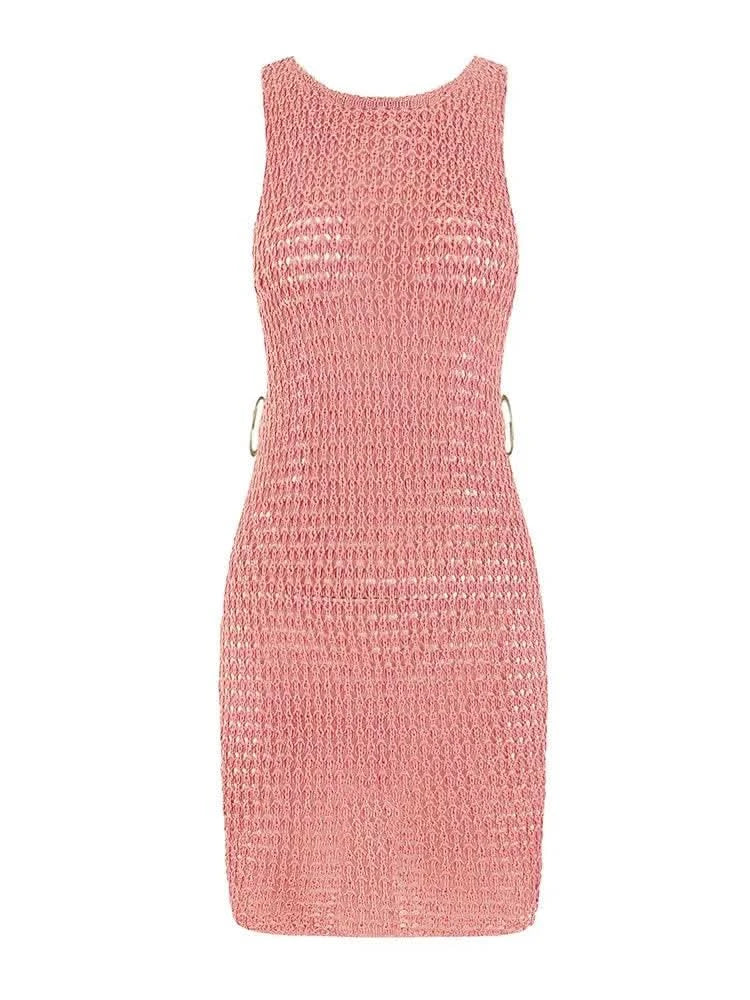 2024 Summer Sexy One Neck Cut Out Circle Decoration Corset Slim Beach Mini Dress Women Seaside Beachwear Swimwear Cover Up A2796 - M & M Global