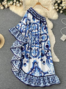 Summer Long Dress Women Runway Blue And White Porcelain Asymmetry Sexy Off The Shoulder Ruffles Hem Loose Robe Maxi Vestidos - M & M Global