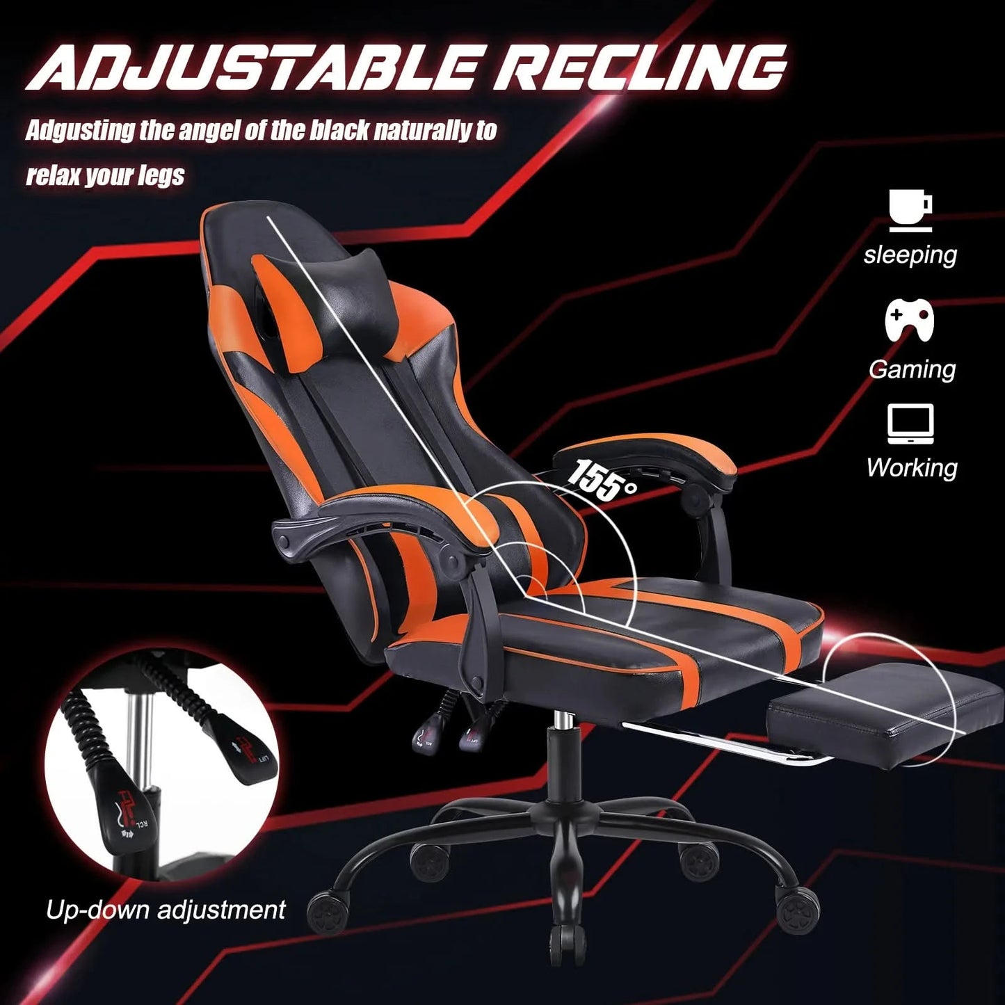 Gaming Chair, Computer Chair with Wheels, Adjustable Height Pu Leather Gamer Chair Office Desk Chair