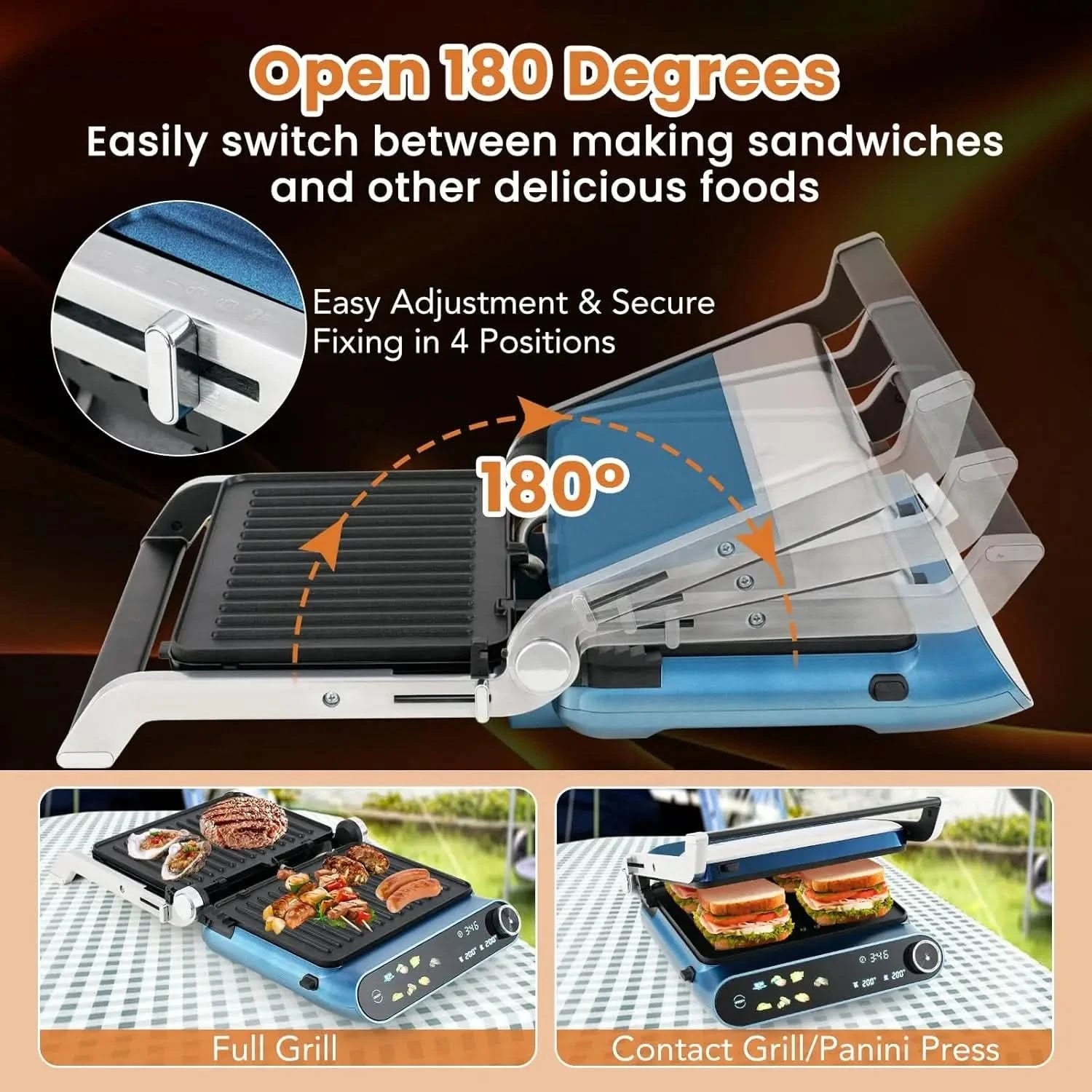 Panini Press Sandwich Maker, Electric Indoor Grill with 2 Removable & Dishwasher Safe Non-Stick Plates, Drip Tray, LED Display, - M & M Global