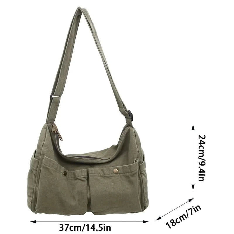 Vintage Style Canvas Messenger Bag Casual Travel Crossbody Bag Retro Large Capacity Shoulder Bag Multi Pocket Shoulder Bag - M & M Global