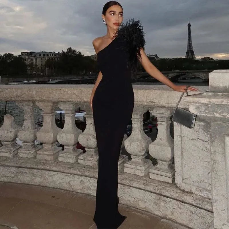 Dulzura Black Sleeveless One Shoulder Maxi Dress For Women Bodycon Sexy Party Elegant Long Dress Birthday Evening Outfit - M & M Global
