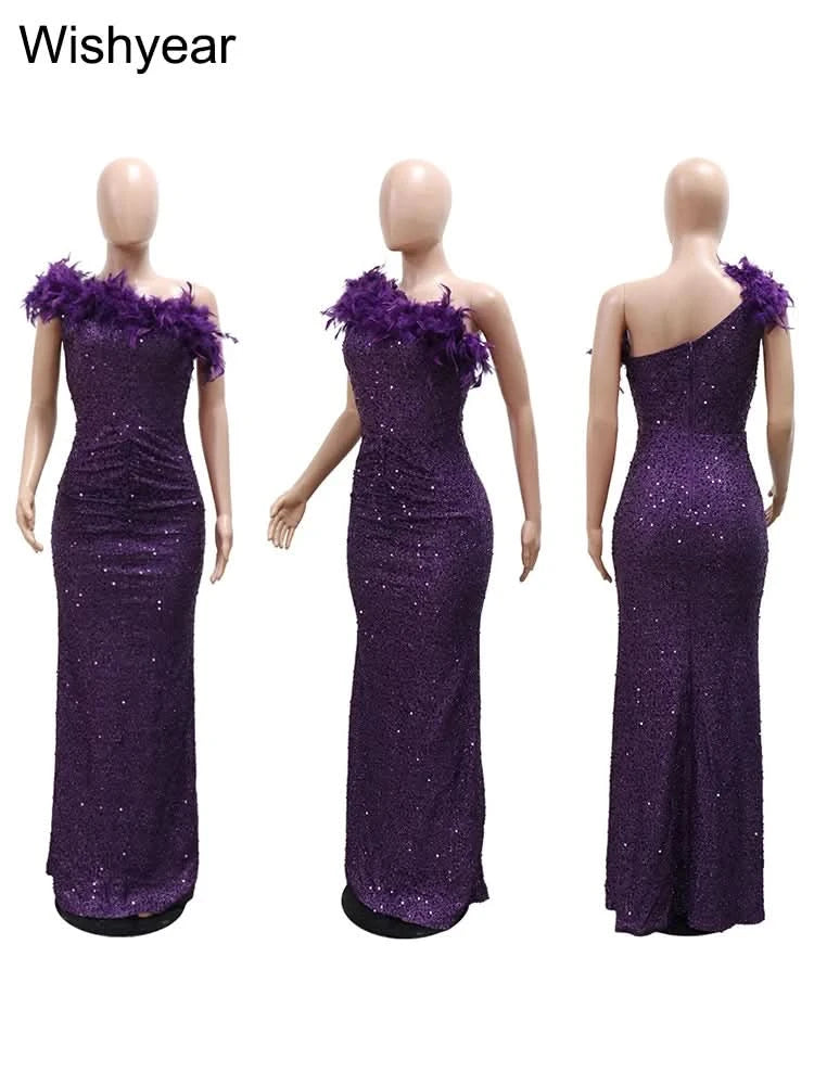 New Luxury Sequined Feather One Shoulder Sleeveless Slanted Collar Backless Purple Long Dress  Women Birthday Party Event Gowns - M & M Global