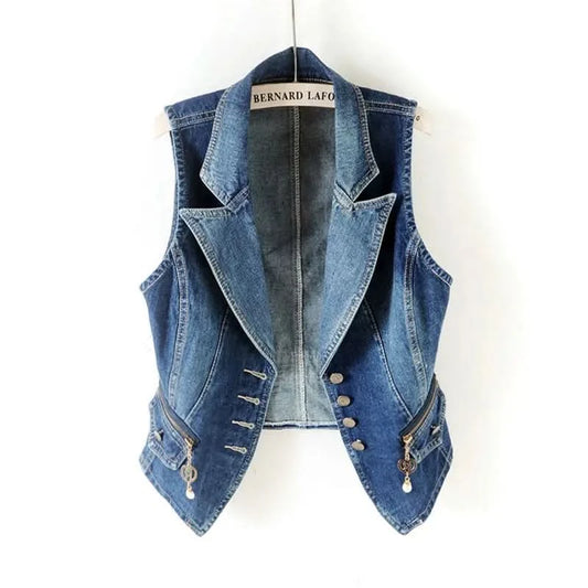 PTKPCC Casual Female Tops Women Denim Vest Jacket Spring Autumn Clothes Sleeveless Short Jeans Waistcoats Single-Breasted 5XL - M & M Global