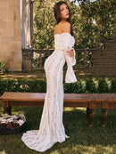 Mozision Floral Lace Off-shoulder Maxi Dress For Women White Strapless Backless Long Sleeve Bodycon Club Party Sexy Long Dress - M & M Global