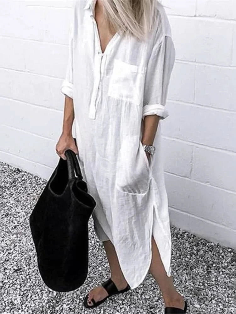 Spring Summer Women's Solid Color Loose Split Shirt Midi Dress Elegant Casual Button Pocket V-Neck Long Sleeve Long Dress 2024 - M & M Global