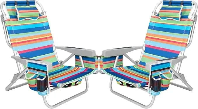 Beach Chairs 5 Position, 2 Pack Portable Folding Backpack Beach Chair Heavy Duty with Cooler Bag, Cup Holder for Outdoor Lawn P