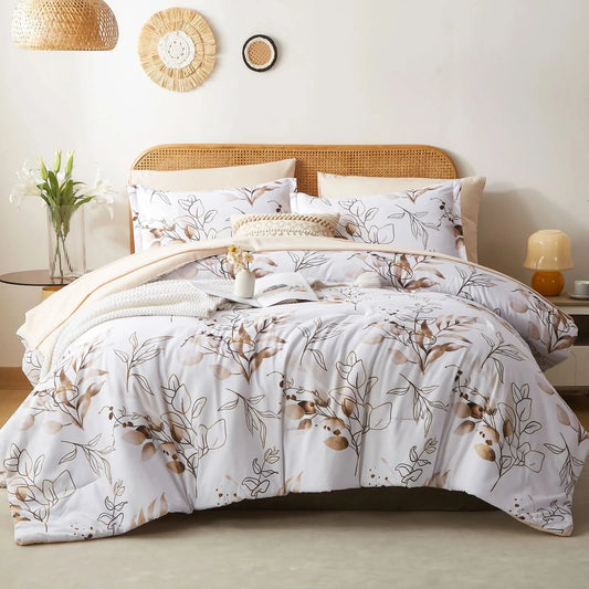 7Pcs solid color botanical pattern quilt set, microfiber soft and durable bedding set bedroom decoration gift