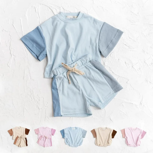 2025 Summer Toddler Girls Cotton Short Sleeve Top+Shorts Set Baby Boys Shortsleeve Tee Outfits Sets Kids Stitching Color Clothes - M & M Global