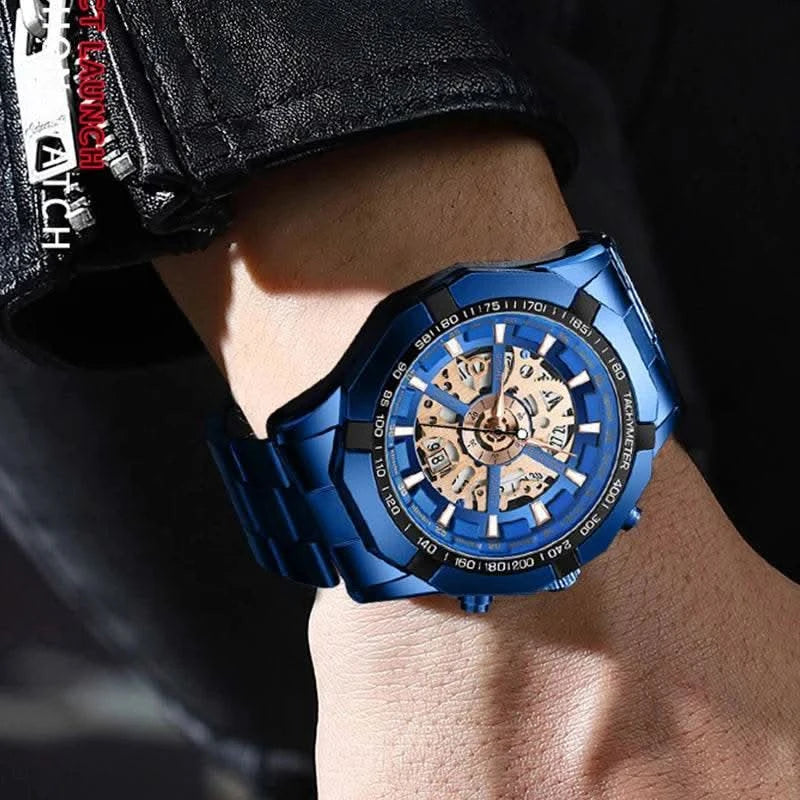 BINBOND Mens Quartz Watches Top Brand Luxury Stainless Steel Waterproof Hollow Out Blue Big Male Wristwatches Relogio Masculino - M & M Global