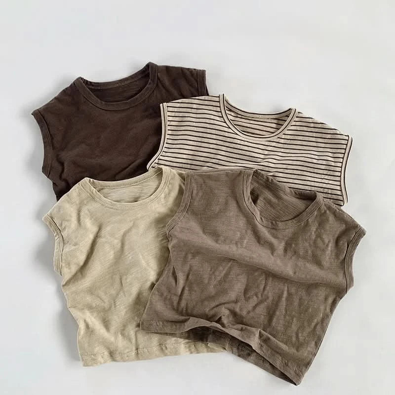Summer Children Slub Cotton T Shirts Korean Fashion Toddler Kids Sleeveless Striped T-Shirts Baby Boys Casual Tank Tops 4 5 6 7Y - M & M Global