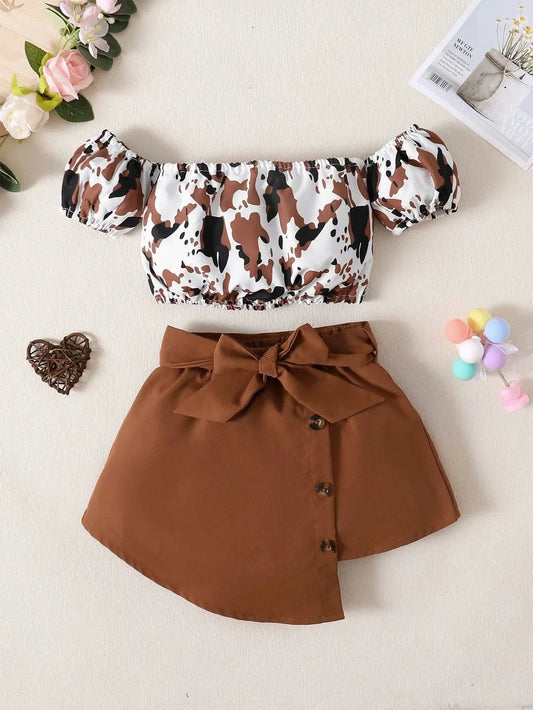 2PCS Toddlers Girl Summer Clothes Set Off Shoulder Leopard Print Top+Short Skirt with Bow Birthday Party Wear for Kids 1-4 Years - M & M Global