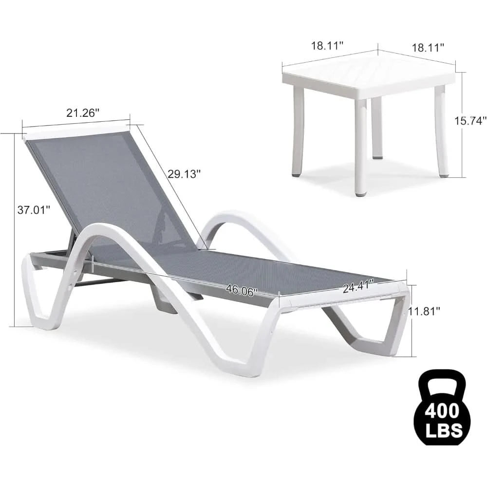 Patio Chaise Lounge Chair Set of 3 Outside Aluminum Plastic Stackable Tanning Chairs with Armrests and Side Table for Pool Sunb