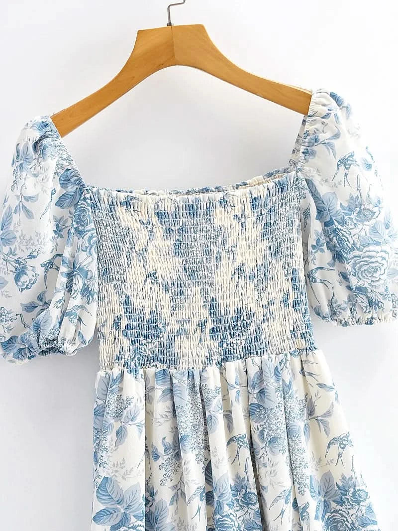 Summer Off-the-shoulder Short Sleeved Floral Split Long Chiffon Dress Swallows Print Fit and Flared Sweet  Ruffles Long Dress - M & M Global