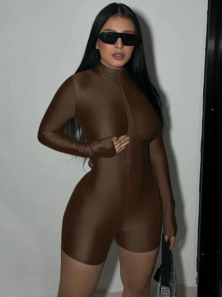 Hugcitar Solid Turtleneck Long Sleeve Zip Up Sexy Slim Skinny One Piece Playsuit 2024 Fall Women Fashion Streetwear Party Romper - M & M Global