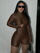 Hugcitar Solid Turtleneck Long Sleeve Zip Up Sexy Slim Skinny One Piece Playsuit 2024 Fall Women Fashion Streetwear Party Romper - M & M Global
